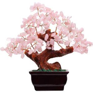 Feng Shui Natural Rose Pink Quartz Crystal Money Tree Bonsai Style Decoration
